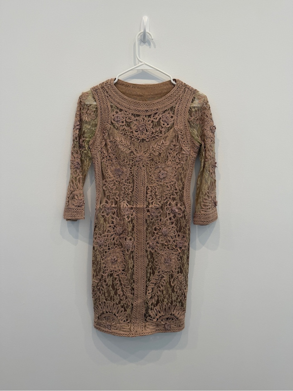 Sue Wong Mauve Crochet Lace Long-Sleeve Sheath Dress